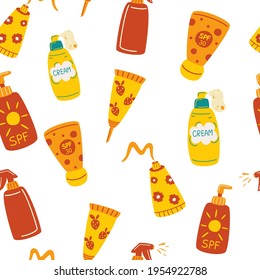 Seamless pattern with sunscreens. Sunscreen Moisturizer, Lotion, lipstick, sunscreen, various bottles, spray and tube. Sunblock, skin protection and UV rays blocking concept. Hand drawn Vector 