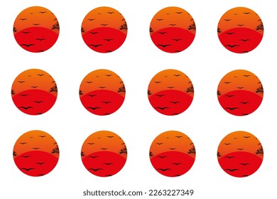 Nahtloses Muster mit Sonnenuntergang, Vögeln, schwarzer Silhouette eines Baumes. Endloser Hintergrund im japanischen Stil mit Morgendämmerung. 