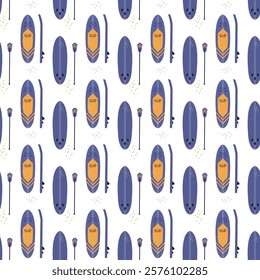 Seamless pattern with sup boards. Texture pattern with paddles and boards, sea summer enjoy. equipment for active extreme sport on water. Wallpaper template. flat vector illustration