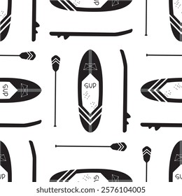 Seamless pattern with sup boards. Texture pattern with paddles and boards, sea summer enjoy. equipment for active extreme sport on water. Monochrome wallpaper template. flat vector illustration