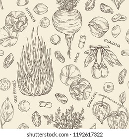 Seamless pattern with super food: guarana, spirulina algae, maca peruvian, goji berries and physalis. Super food. Vector hand drawn illustration.
