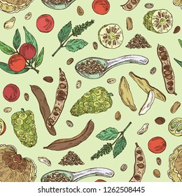 Seamless pattern with super food: reishi mushroom, morinda, noni fruit, camu camu, carob pods and chia. Super food. Vector hand drawn illustration.