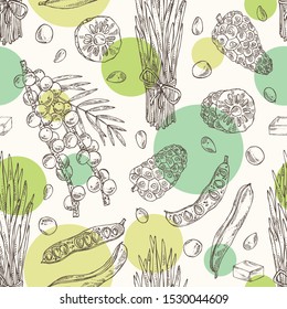 Seamless pattern with super foods: acai berries, noni fruits, wheat grass and carob pods. Vector hand drawn illustration. 