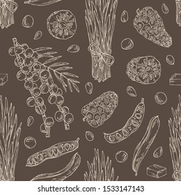 Seamless pattern with super foods: acai berries, noni fruits, wheat grass and carob pods. Vector hand drawn illustration. 