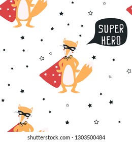 Seamless pattern super hero Fox. Vector illustration for printing on packaging paper, postcard, clothes, banner, bed linen. Cute baby background with animals.