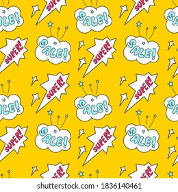 Seamless pattern with Super and Sale Bubble speech on yellow background. Suitable for comment or thinking note in Pop Art style. Vector Illustration