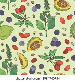 Seamless pattern with superfood: goji berries, chia seeds, maqui berry and lucuma fruit. Vector hand drawn illustration