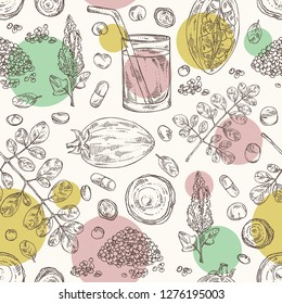 Seamless pattern with superfoods: baobab, quinoa seeds, moringa, and kombucha mushroom. Super food. Vector hand drawn illustration 