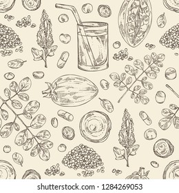 Seamless pattern with superfoods: baobab, quinoa seeds, moringa, and kombucha mushroom. Super food. Vector hand drawn illustration