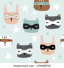Seamless pattern with superhero animals. Childish funny print. Vector hand drawn illustration.