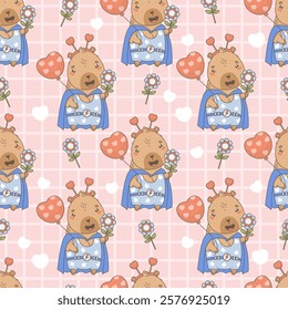 Seamless Pattern Superhero Capybara with balloon heart and flower on checkered Pink Background. Vector illustration. Romantic valentine template