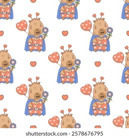 Seamless Pattern Superhero Capybara with balloon heart and flower on white background. Vector illustration. Romantic Holiday valentine template