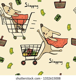 Seamless pattern a superhero dog in a shopping cart. Money, shopping. Hand drawing for your design. For your advertising, websites, banners, postcards