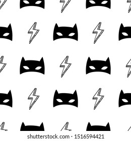 Seamless Pattern With Superhero Masks On White Background. Vector Doodle Background. 