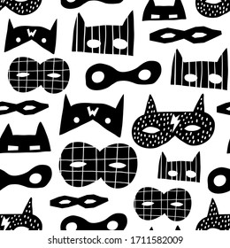 Seamless Pattern With Superhero Masks On White Background. Creative Kids Texture For Fabric, Wrapping, Textile, Wallpaper, Apparel. Vector Illustration. Black And White Background.