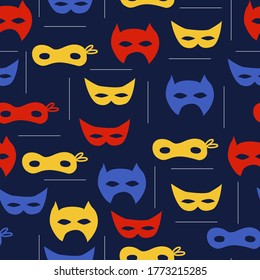 Seamless pattern with superhero masks on dark background. Vector endless flat illustration