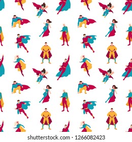 Seamless pattern with superheroes or men and women with super powers. Backdrop with supermen and superwomen on white background. Flat cartoon vector illustration for wrapping paper, textile print.