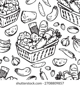 Patrón sin fisuras con cesta de supermercado y productos. Ilustración vectorial en estilo de boceto. Compras
