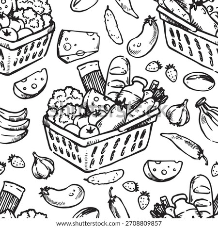 seamless pattern with supermarket basket and products. vector illustration in sketch style. shopping
