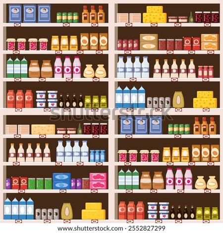Seamless pattern supermarket shelves with assortment goods