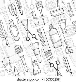 Seamless pattern. Pattern of supplies for cutting and styling hair. Monochrome composition