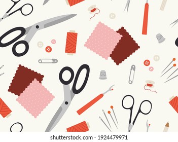 Seamless pattern of supplies and tools for sewing. Scissors, pins, threads, needles, measuring meter, fabric pencil, fabric samples, pin, spool, thimble, pin, ripper. Sewing hobby concept. 