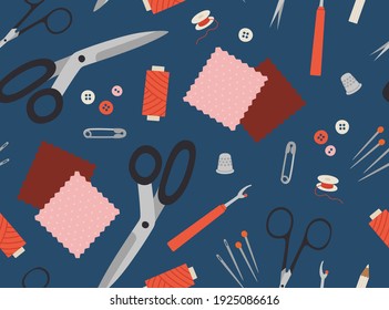 Seamless pattern of supplies and tools for sewing, on blue. Scissors, pins, threads, needles, measuring meter, fabric pencil, fabric samples, pin, spool, thimble, pin, ripper. Sewing hobby concept. 