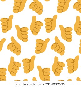 Seamless pattern with a support sign, thumbs up. The hand sign is cool, super, great, well done, keep it up. The concept of successful business and performance. Vector illustration
