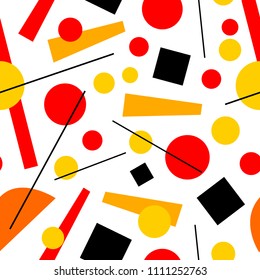 Seamless pattern of Suprematism. red, black, yellow, orange squares, circles, stripes. line, trapezoid.