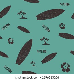 seamless pattern surf board with coconut tree and hibiscus flower