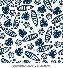 Seamless pattern surf board, hibiscus flower and , monstera, leaves on white background. Summer seamless pattern