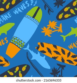 Seamless pattern with surf board, shark, palm, words. Background for textile, fabric, stationery, clothes, summer, teen, wear, swimming wear and other design.