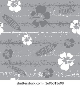 seamless pattern surf board and white hibiscus flower with light grey background