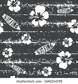 seamless pattern surf board and white hibiscus flower with dark grey background