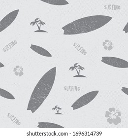 seamless pattern surf board and white hibiscus flower with light grey background