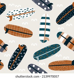 Seamless pattern with surf boards. Summer print. Vector hand drawn illustration.