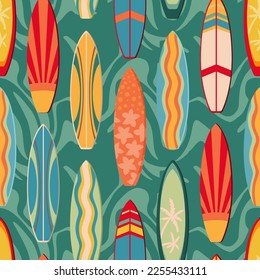 Seamless pattern with surf boards. Boards in vintage colors on the waves of the ocean. Colorful summer design