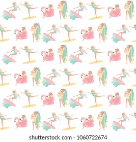 Seamless pattern with surf and girl. Editable vector illustration