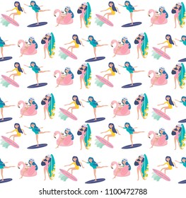 Seamless pattern with surf and girl. Summer texture. Editable vector illustration