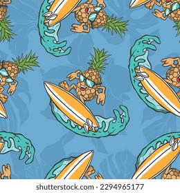 Seamless pattern of a surf rider cartoon pineapple with waves background elements.