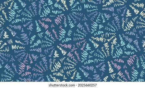 seamless pattern, surface design, abstract graphic objects similar to fireworks. Multicolored zigzags on a dark blue background. For fabric, wallpaper, packaging paper, etc.