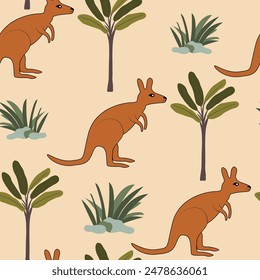 Seamless pattern surface design for kids with hand drawn Kangaroo and palm tree