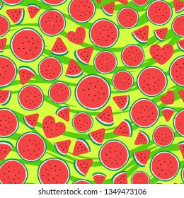 Seamless pattern surface design. Vector illustration on green striped texture background. Watermelon pieces in the shape of a round, triangular and heart.