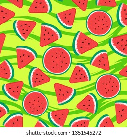 Seamless pattern surface design. Watermelon pieces in the shape of a round and triangular. Vector illustration on green striped texture background.