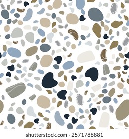 Seamless pattern with surface strewn with multi colored sea stones pebbles. Natural sea coast ornament for printing on fabrics and gift paper. Vector on white background