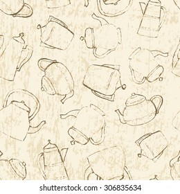 Seamless pattern for surface texture, wrapping or wallpaper. Vintage teapots on grunge background. Sketch illustration in vector. 