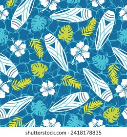 Seamless pattern with surfboard, flowers and leaves. Summer print.