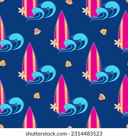 Seamless pattern with surfboard waves, seashells, starfishes, flowers on a blue background. Surfing concept vector illustration. Great for textile, fabric, stationery, wallpapers and wrapping