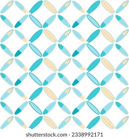 
Seamless pattern of surfboards in blue color folded into a geometric ornament on a white background.