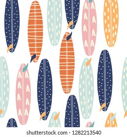 Seamless pattern with surfboards. Fashion summer print. Vector hand drawn illustration.